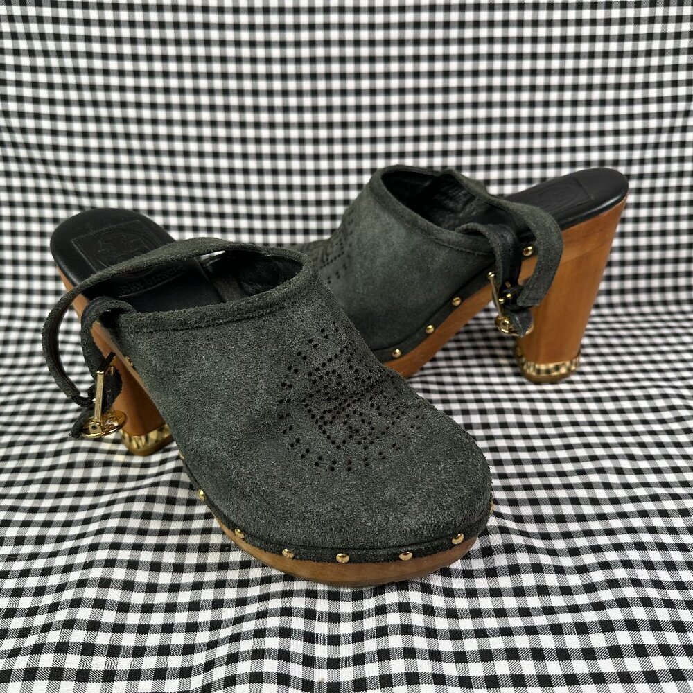 Tory Burch Brayden Clogs Sling Back Chunky Mules Black Suede Studded Gold Sz 8